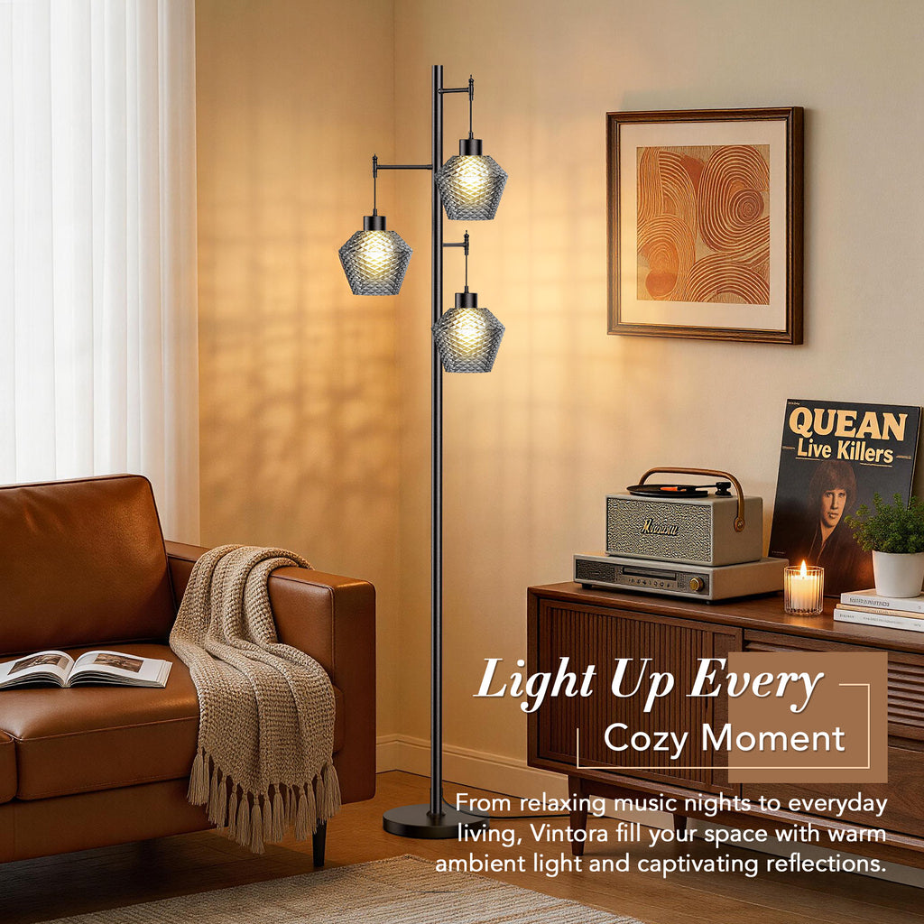 Black Vintora VF301 floor lamp creating a cozy living room glow
