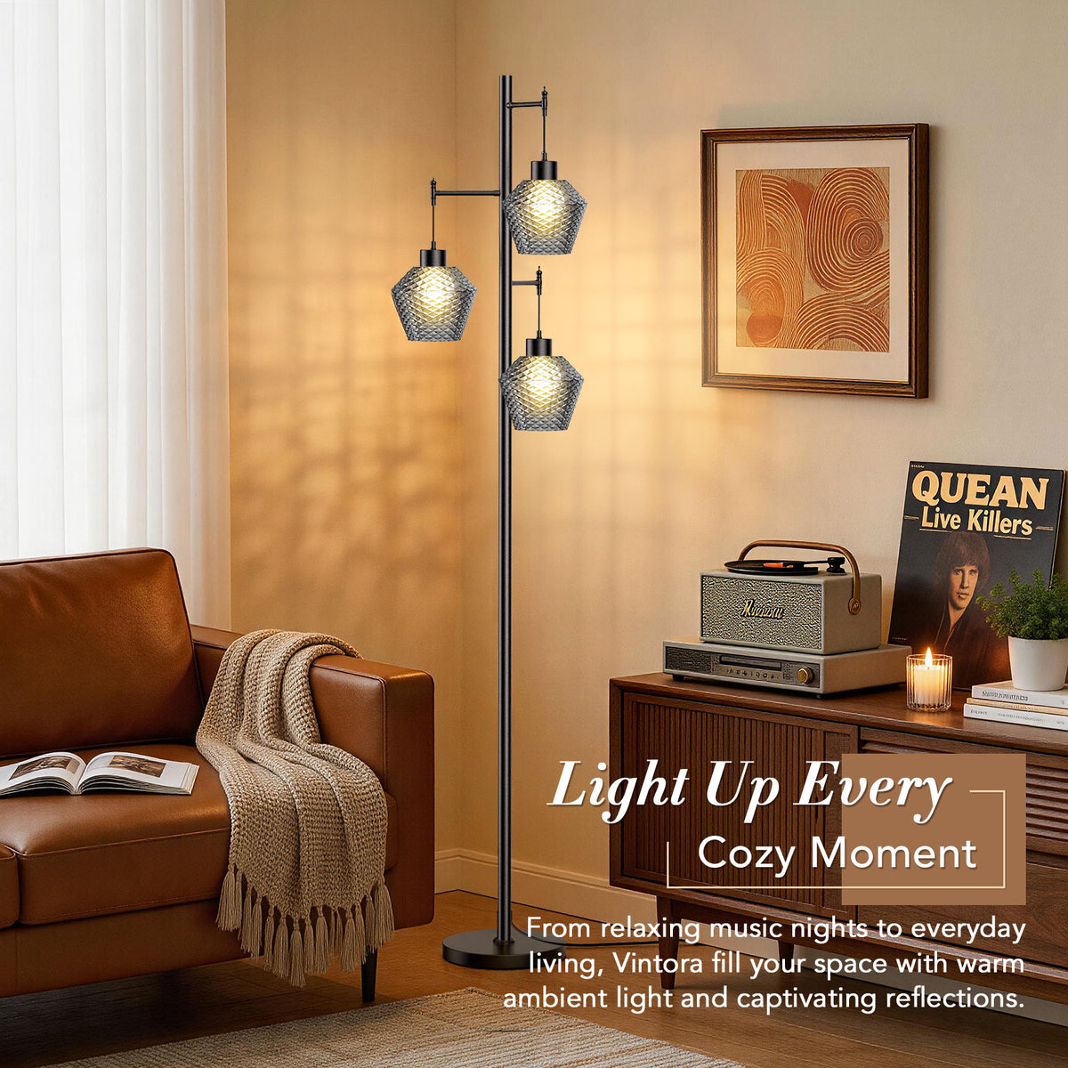 Black Vintora VF301 floor lamp creating a cozy living room glow