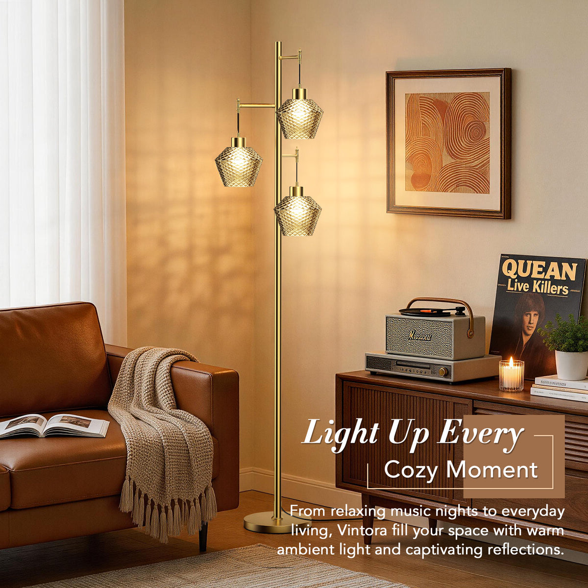 Gold Vintora VF301 floor lamp creating a cozy living room glow