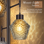 Faceted glass shade casting a mosaic light pattern