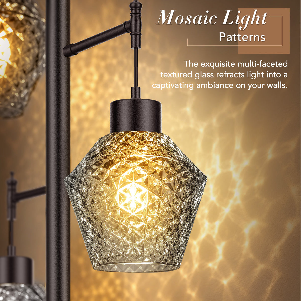 Faceted glass shade casting a mosaic light pattern
