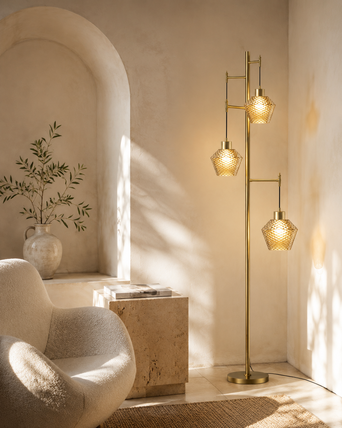 Vintora VF301 warm brass floor lamp in a sunlit Mediterranean modern reading alcove