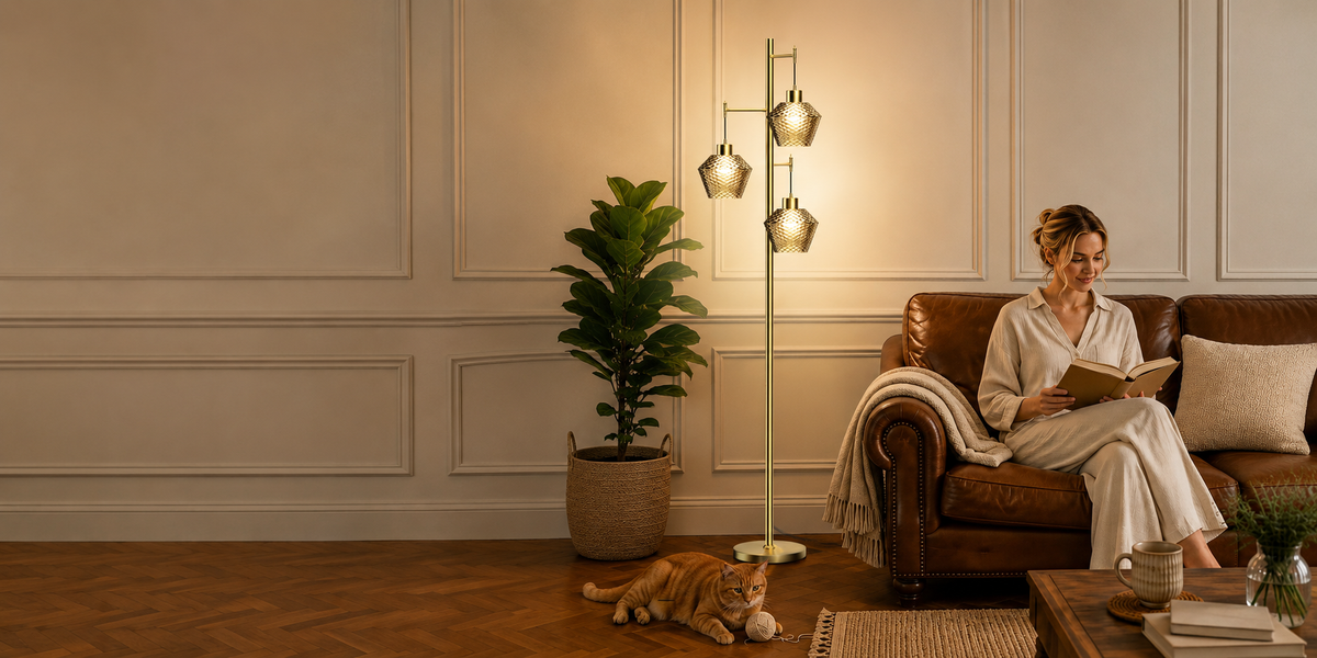 Vintora VF301 floor lamp glowing in a warm living room